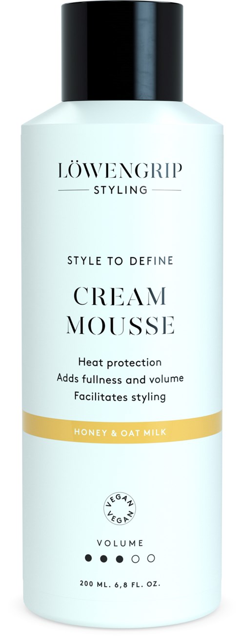 Eine weiße Flasche mit Löwengrip Styling CREAM MOUSSE, schwarzer Deckel, für Hitzeschutz, Volumen und Styling.