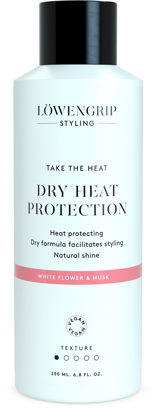 A white bottle with black cap labeled for heat protection, featuring pink stripe and details about styling and scent.