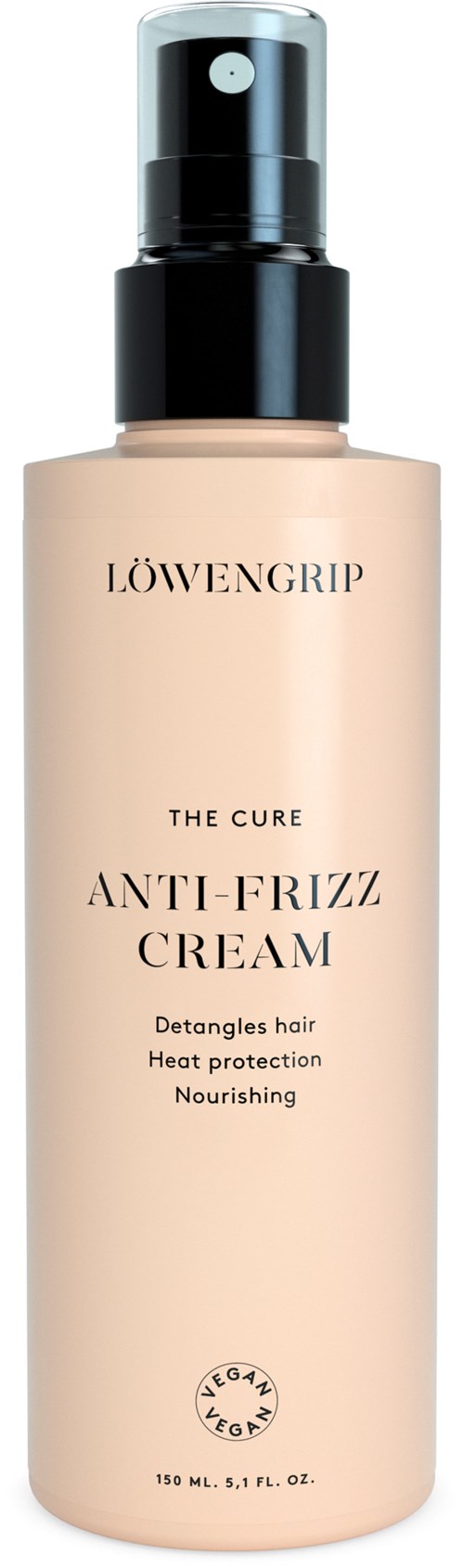 Beige pullo, jossa musta suihkepää, ja teksti 'LÖWENGRIP THE CURE ANTI-FRIZZ CREAM' hiustenhoitoon.