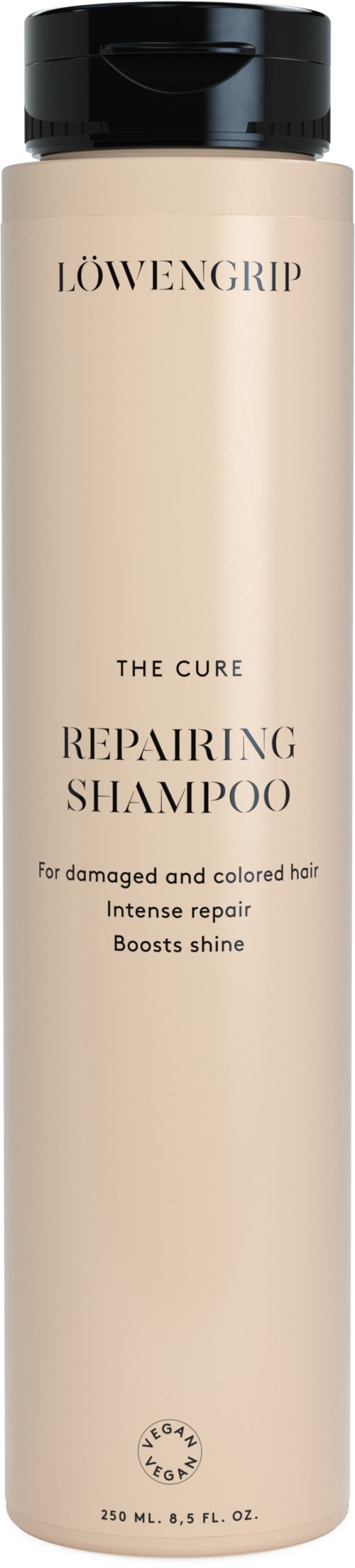 Eine lange, beige Flasche Shampoo mit schwarzem Deckel, gekennzeichnet für die Reparatur und Pflege von geschädigtem, gefärbtem Haar.