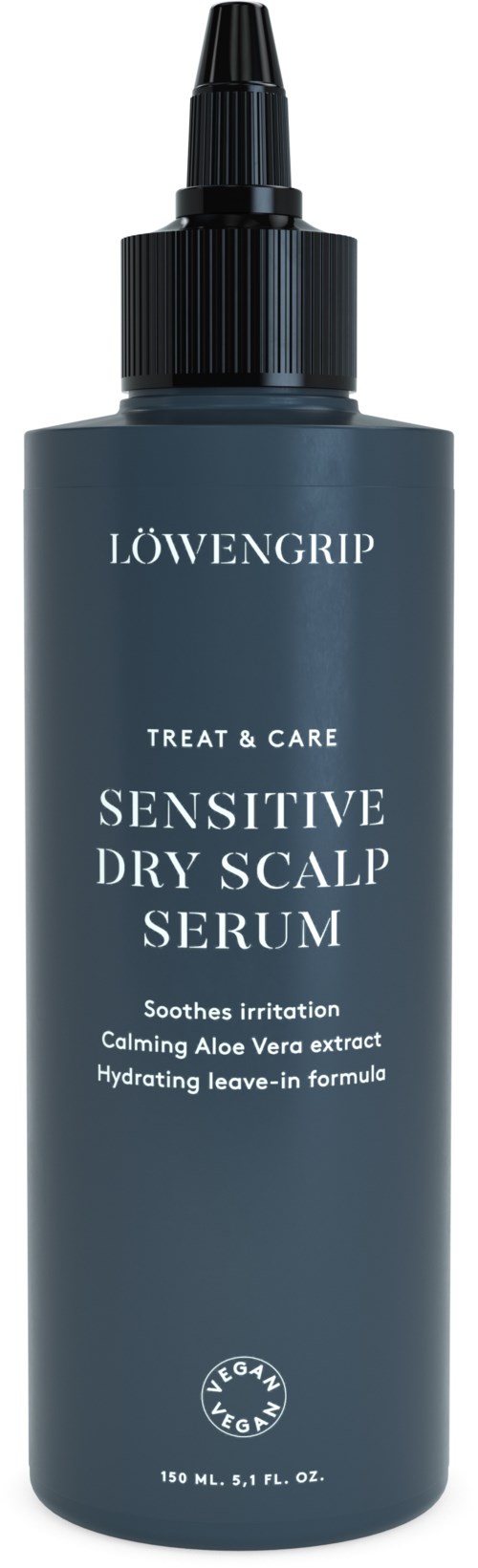 Dark gray bottle with a black spray nozzle, labeled 'LÖWENGRIP Sensitive Dry Scalp Serum', for scalp treatment.