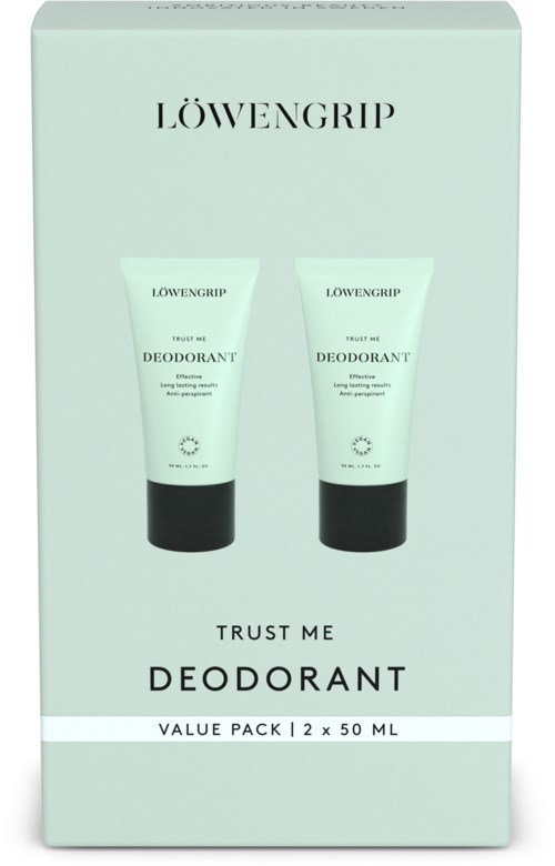 Ett deodorantpaket med två tuber, vardera 50 ml, i ljusgrön förpackning med svarta lock, märkt Löwengrip.