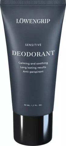 Grå tubförpackning med vit text som säger Lowengrip Sensitive Deodorant för lugnande, långvarig doft, antiperspirant.