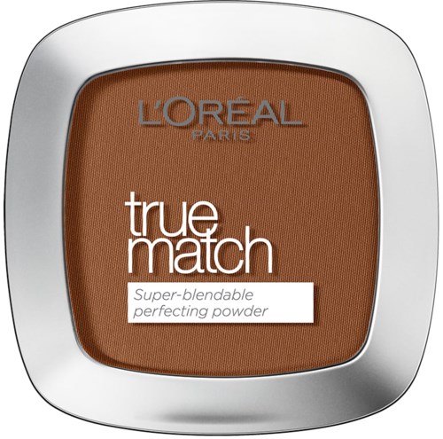 En kvadratisk makeupkompakt med brunt puder, märkt L'Oréal true match Super-blendable perfecting powder.