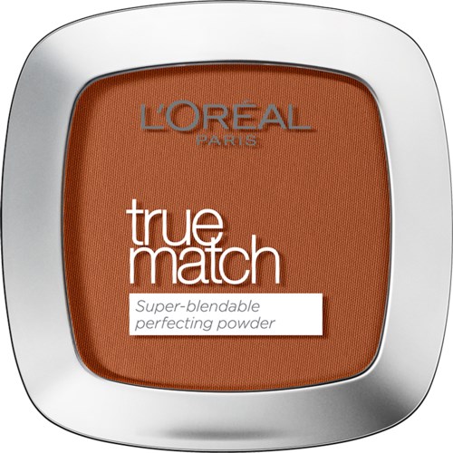 Ett rougeansiktepuder i ett silverfodral, märkt "L'Oreal Paris" och "True Match."