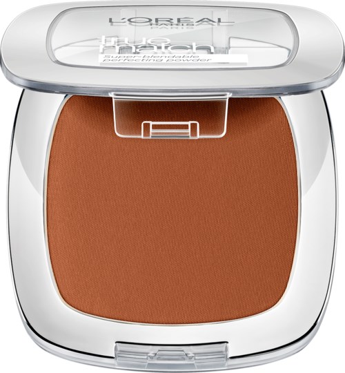 En kompakt L'Oréal sminkrouge med ett tydligt lock och orange puder inuti.