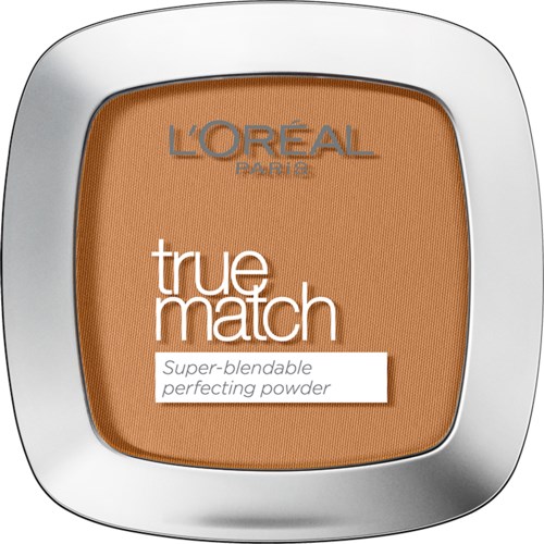 En kompakt makeup-puderbehållare med bronsfärgad puder och en silveromslutande etikett som det står 'L'Oréal Paris true match' och 'Super-blendable perfecting powder.'
