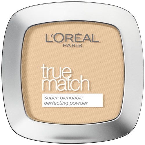 En liten behållare med L'Oreal Paris True Match puder i beige nyans.