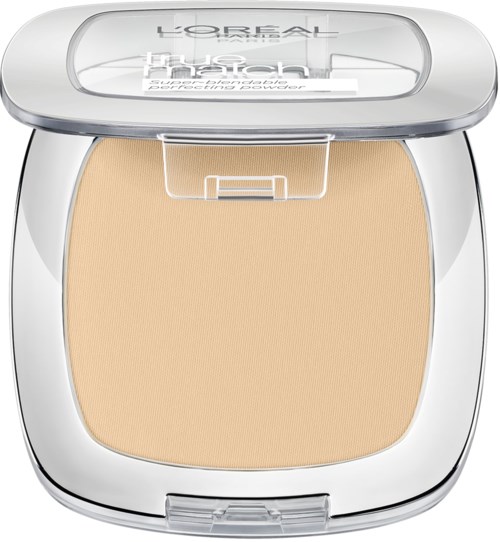 En kompakt beige puder i ett silverfärgat och klart plastfodral med spegel. Märket är L'Oréal.