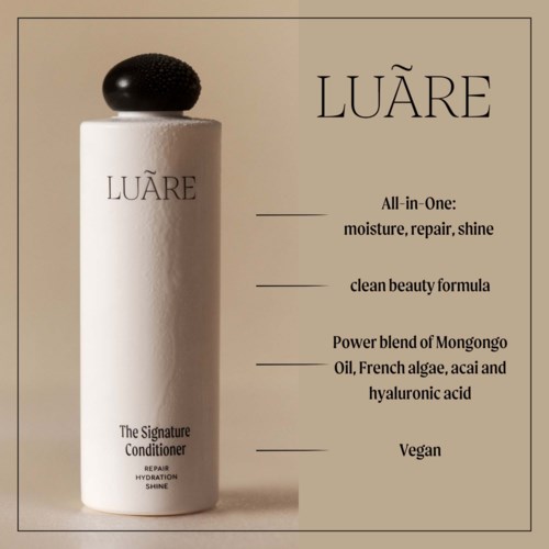 Eine weiße Flasche mit der Aufschrift LUARE und einem schwarzen Applikator auf der Oberseite. Text beschreibt sie als vegane Spülung für Glanz und Reparatur.
