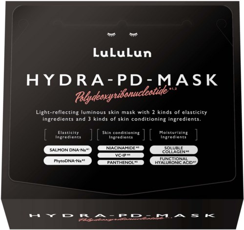 Förpackningskartong för LuLuLun Hydra-PD-Mask med produktbeskrivning och huvudingredienser.