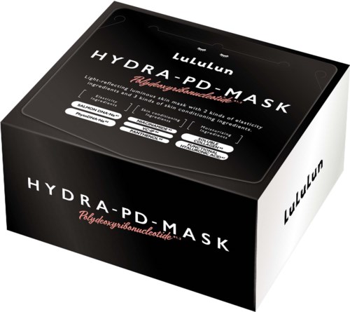 Låda av LuLuLun Hydra-PD Mask för hudvård, svart förpackning med vit och rosa text.