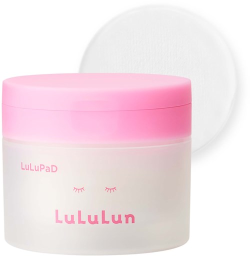 Een ronde container met een roze deksel, gemarkeerd 'LuluLun' en versierd met gesloten wimpers.