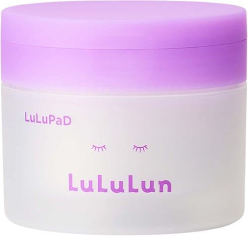Een witte pot met een paarse deksel, decoratief gesloten ogen en de woorden 'LuluLun' en 'LuLuPaD'.