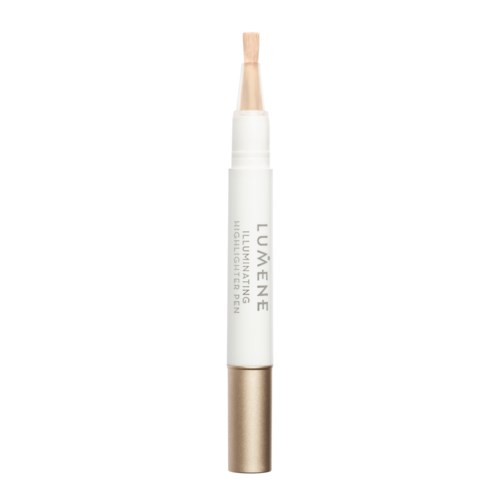 A white and gold pen-like product with a brush tip, labeled 'LUMĒNE', for illuminating skin.