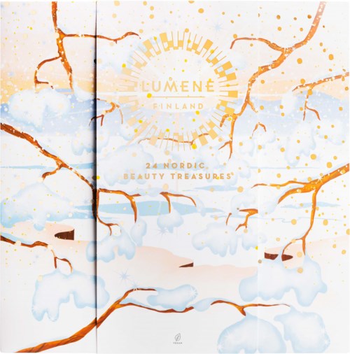 Illustration av frusna grenar med snö, gyllene detaljer och en central logga för Lumene Finland, nämner '24 Nordic Beauty Treasures.'