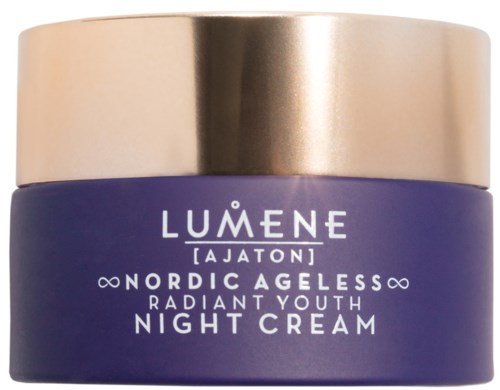 Een paarse container van Lumene Ajaton Night Cream met een gouden deksel voor stralende, jeugdige huid.