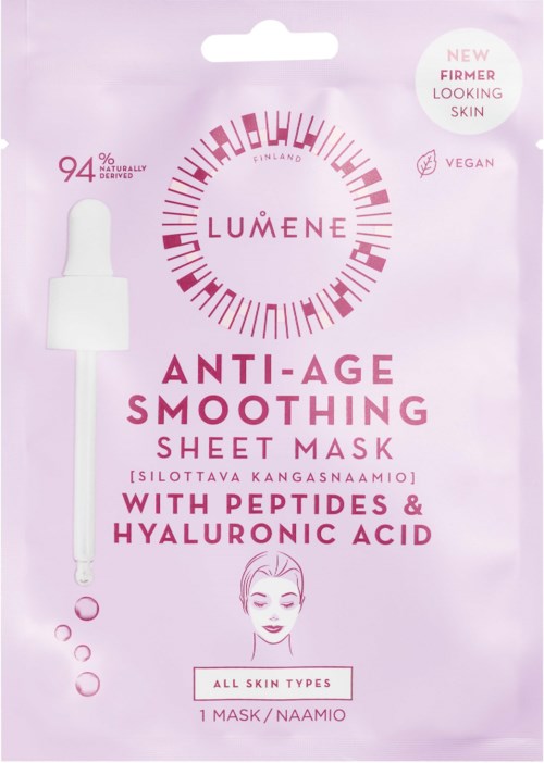 Pinkes Verpackung mit Tropfer, erwähnt Anti-Age glättende Maske mit Peptiden und Hyaluronsäure, vegan, für alle Hauttypen.