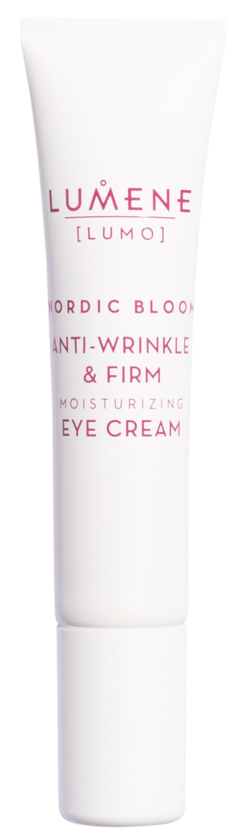 Een witte tube Lumene Nordic Bloom oogcrème met roze tekst en eenvoudig ontwerp.