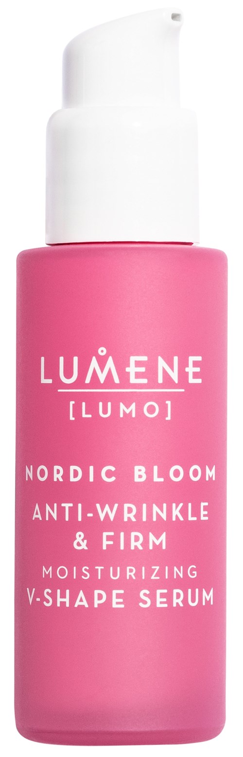 Roze fles van Lumene Nordic Bloom anti-rimpel en verstevigende hydraterende V-vorm serum met pomp.