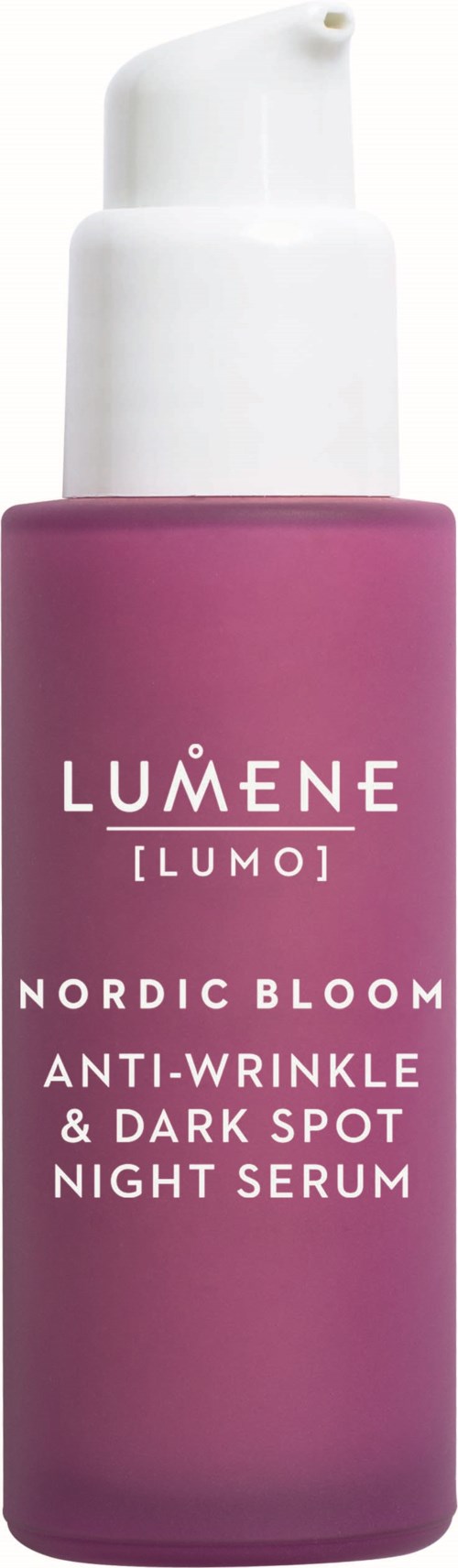 Een roze fles met een wit pompje, gelabeld Lumene Nordic Bloom Night Serum voor donkere vlekken en rimpels.