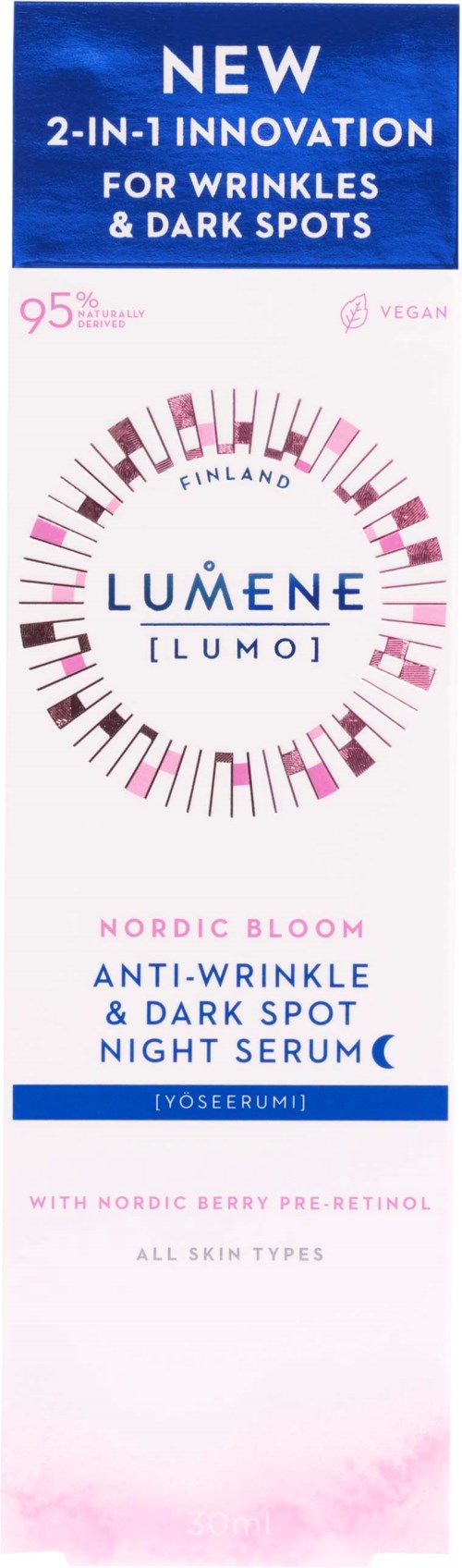 Een huidverzorgingsverpakking met een blauwe bovenkant, roze en witte elementen, en tekst over anti-rimpels en donkere vlekken.