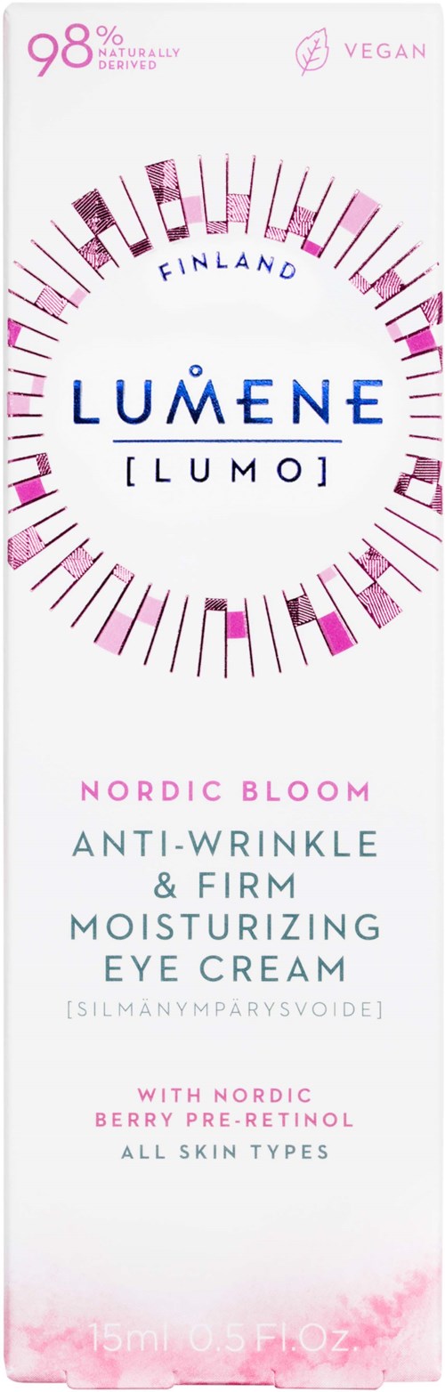 De verpakking is lang en wit met roze en blauwe tekst, die oogcrème met anti-rimpel en hydraterende voordelen beschrijft.