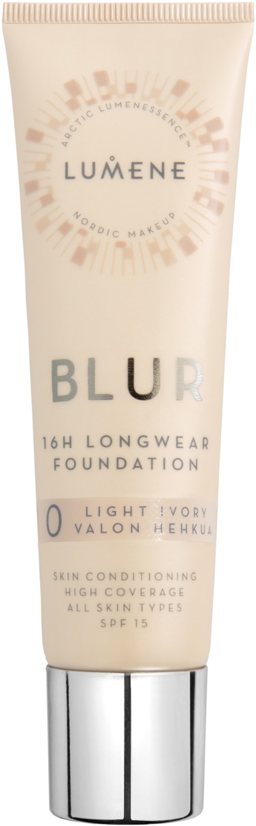 En tub med Lumene Blur Longwear Foundation i ljus按sivorfärg, med SPF 15, för alla hudtyper.