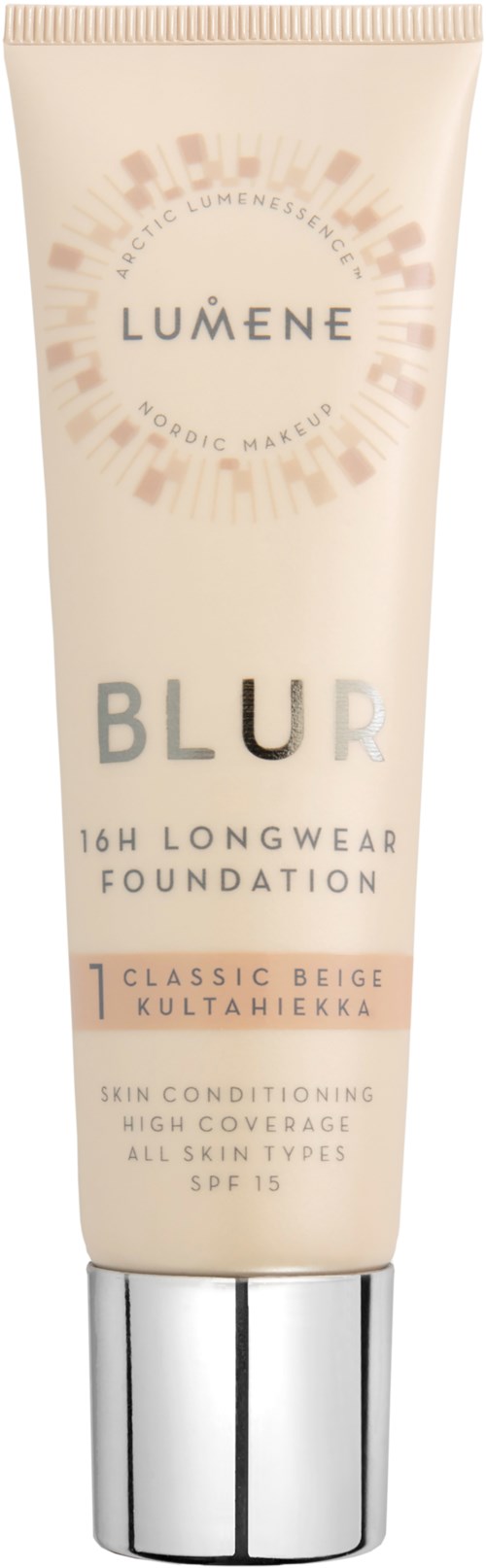 En beige tub av Lumene Blur-foundation med silverlock, visar produktdetaljer och SPF 15.