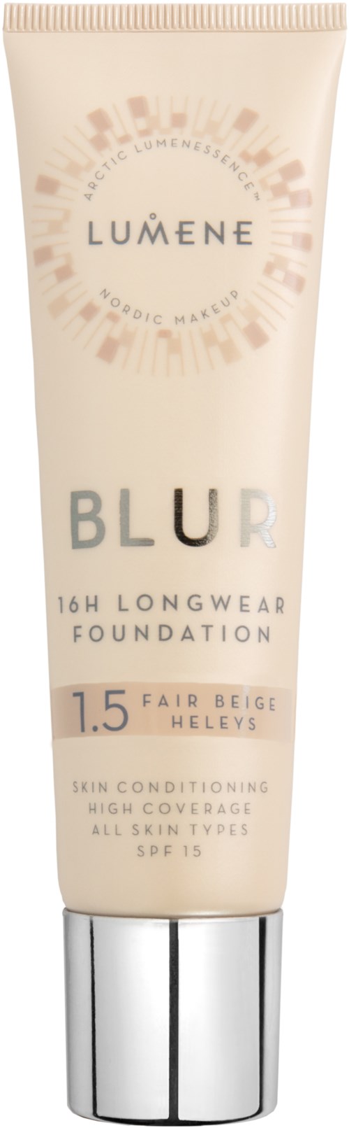 Foundationrör märkt Lumene Blur 16H Longwear, nyans Fair Beige, för alla hudtyper, SPF 15.