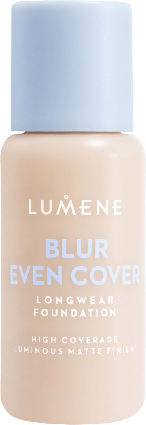 Eine Flasche Lumene Foundation namens Blur Even Cover mit weißem Verschluss und beige Flüssigkeit.