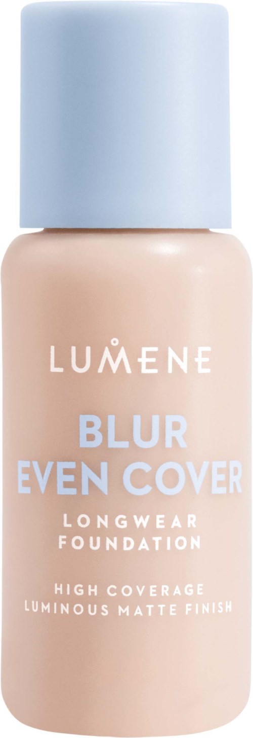 Eine Flasche Lumene Blur Even Cover Foundation mit hellblauer Kappe und beigeem Körper.