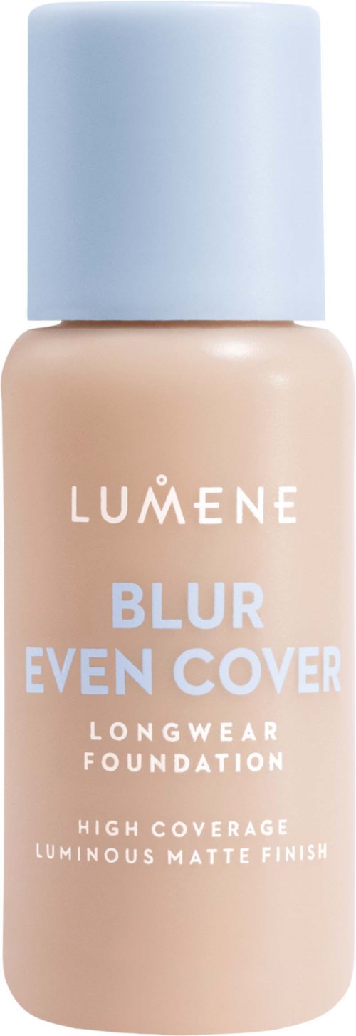 Eine beige Foundation-Flasche mit weißem Deckel, gekennzeichnet mit LUMENE Blur Cover Longwear Foundation.