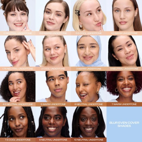 Gesichter unterschiedlicher Frauen mit verschiedenen Hauttönen, gezeigt mit einer Farbleiste oben und unten.