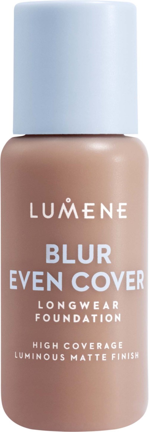 A bottle of Lumene Blur Even Cover foundation with a white cap and beige liquid inside.