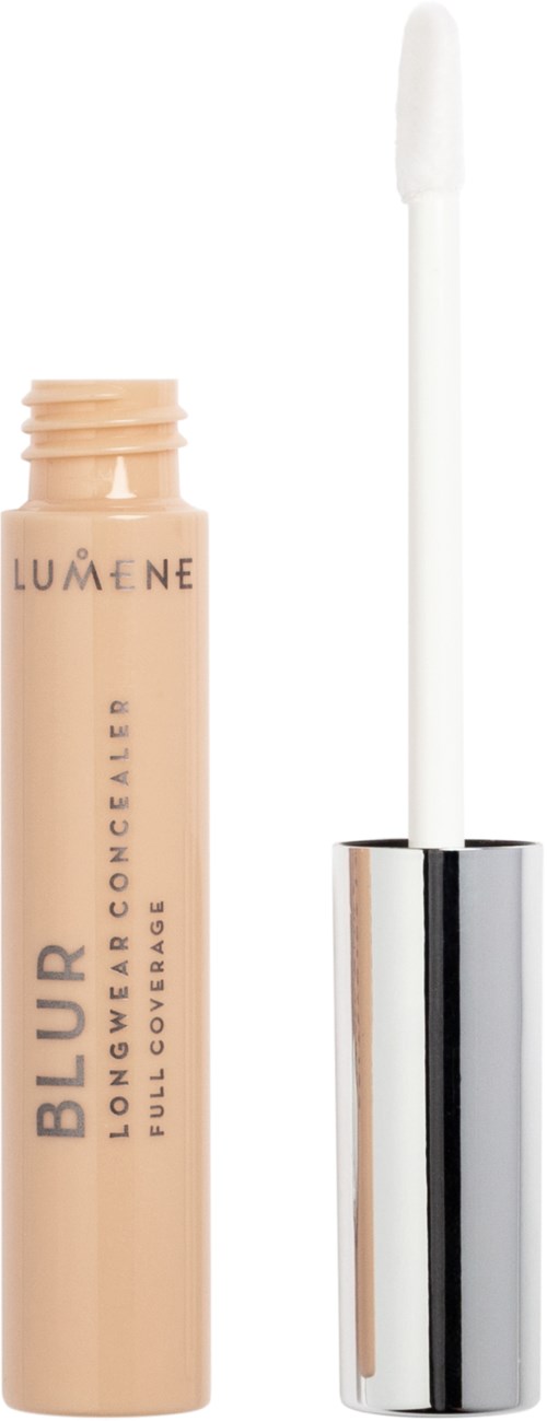 A beige tube of Lumene Blur long-wear concealer with a white applicator wand and silver cap.