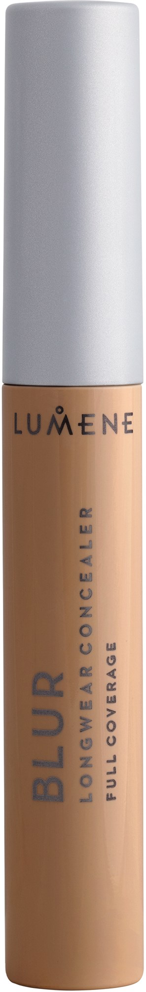 En beige flytande concealermedicin i ett klart rör med vit kork och svart text.