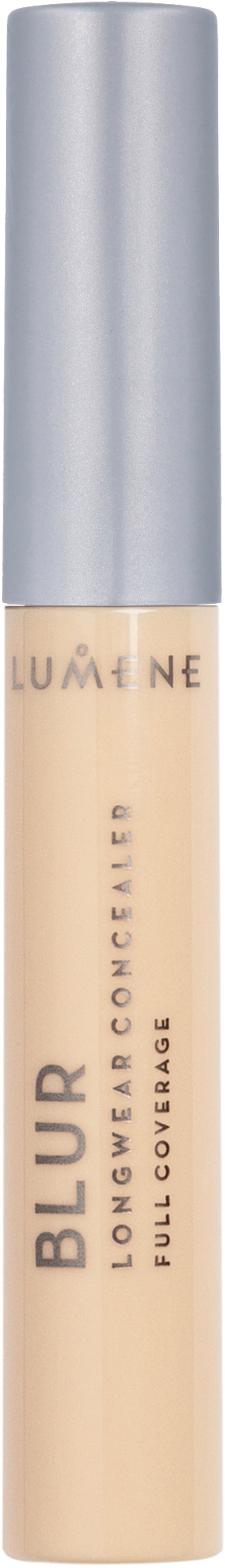 Concealer-Stift mit silberner Kappe, gekennzeichnet mit 'Blur' und 'Lumin Eye' in einer neutralen Farbe.