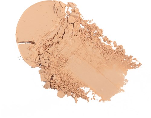 Broken peach-colored powder spread out, with some large chunks and fine dust. Looks like a crushed makeup or cosmetic item.
