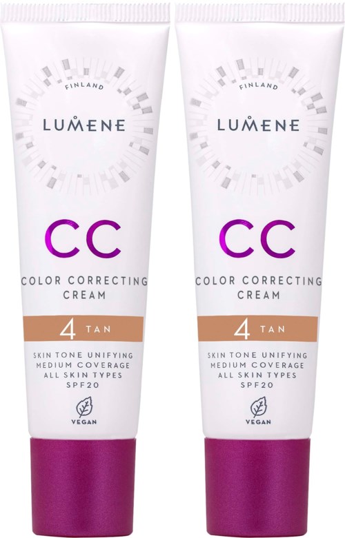 Zwei Tuben Lumene CC Farbkorrekturcreme mit SPF20, Farbton 4 Tan, geeignet für alle Hauttypen.