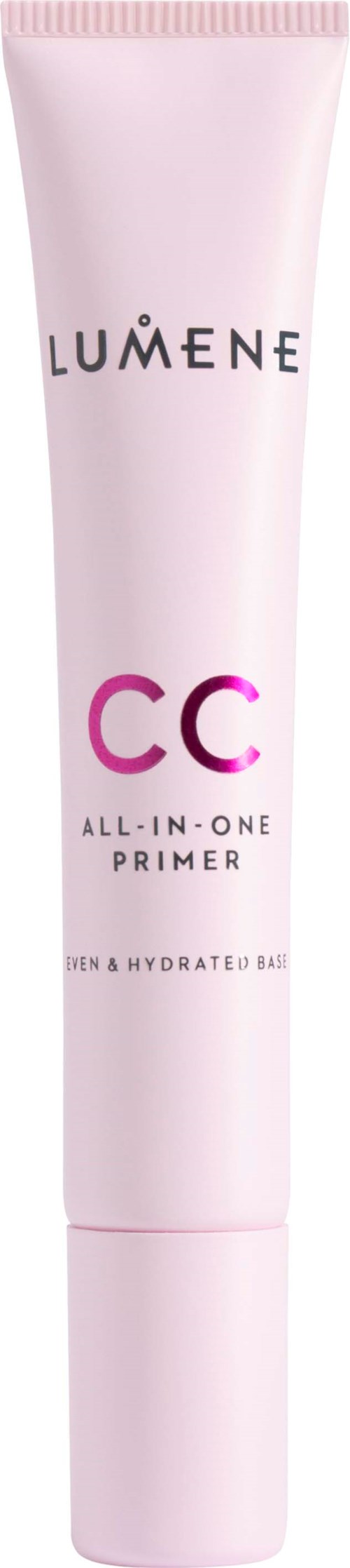 Eine rosa Tube mit Lumene CC All-in-One Primer, um Haut für Make-up vorzubereiten und zu glätten.