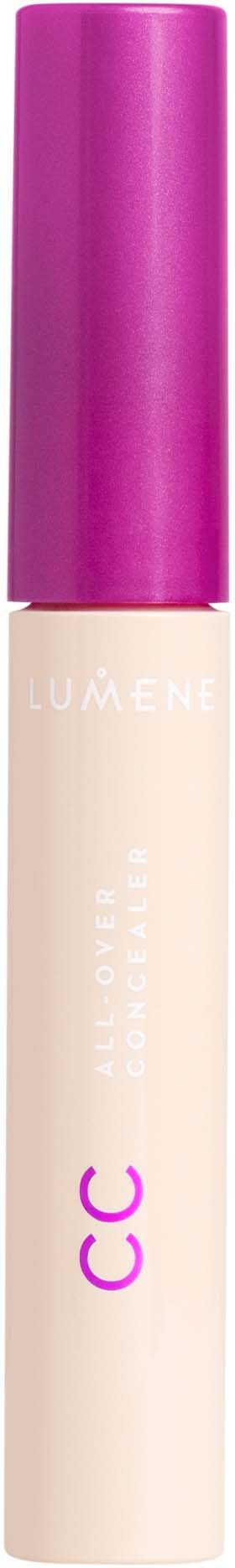 Ein Lippenstift mit lila Deckel und beigem Körper, beschriftet CC Lumene, für Lippenpflege oder Make-up.