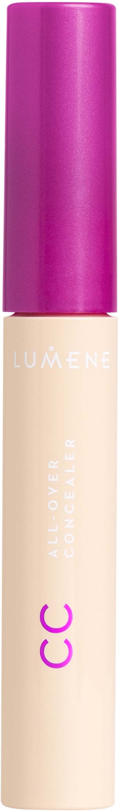 Een stick foundation met een roze dop, gemerkt 'Lumene CC', in beige kleur.