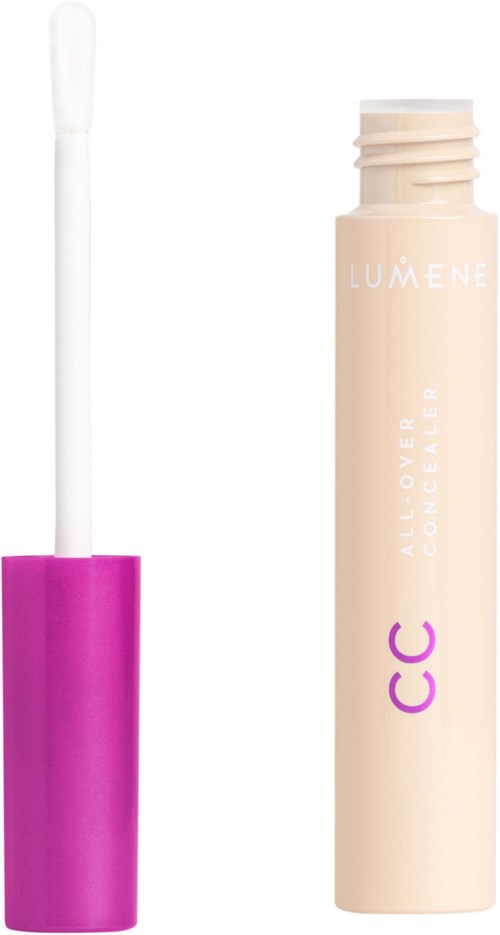 Een beige fles met een paarse logo en een witte applicator. Het product is Lumene All Over Concealer CC.