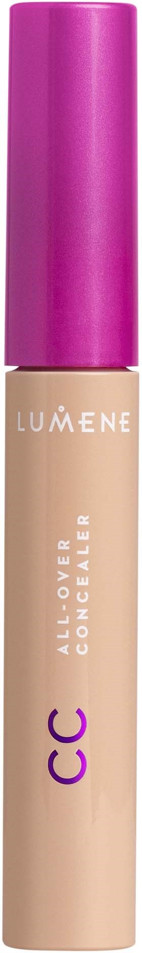 A concealer stick with a beige body and a purple cap. The brand is Lumene, and it is an all-over CC concealer.
