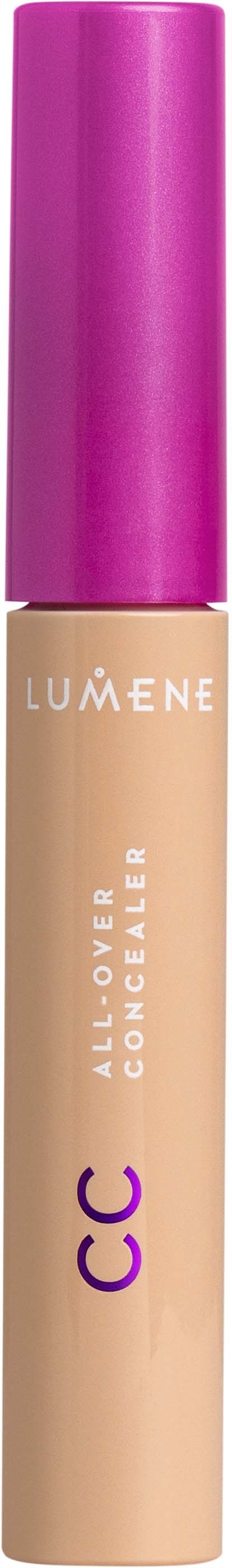A beige concealer stick with a purple cap and white and purple text, labeled Lumene All-Over CC.