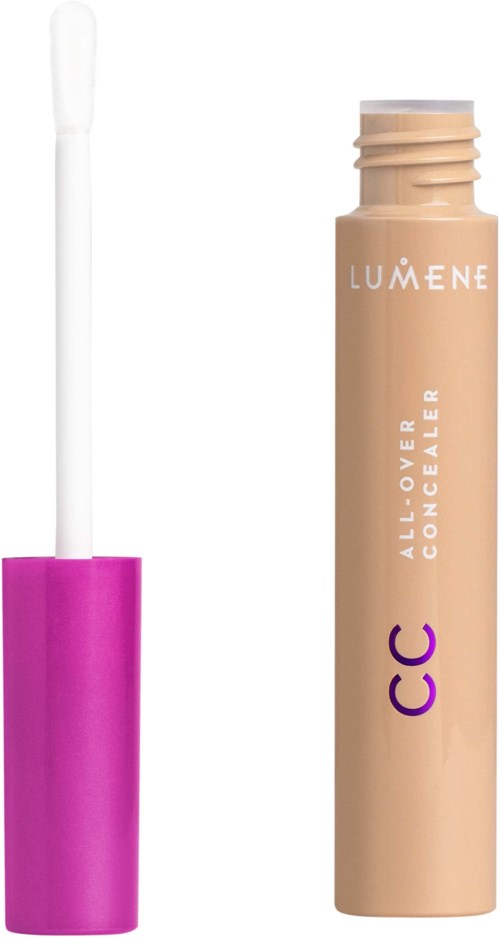 A concealer stick with a beige tube and a pink cap, featuring a white applicator wand.