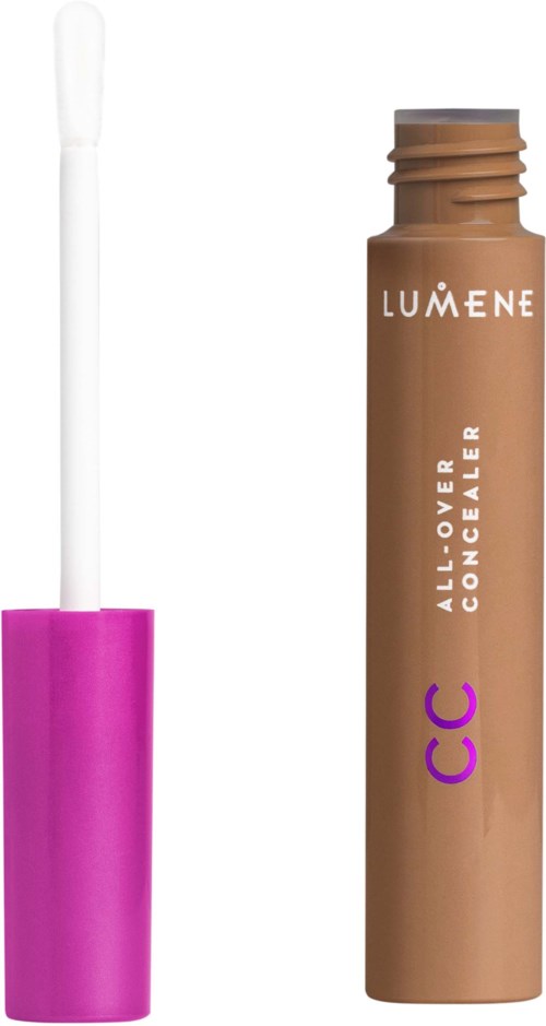 A tube of LUMENE concealer with a pink cap and a white applicator brush.