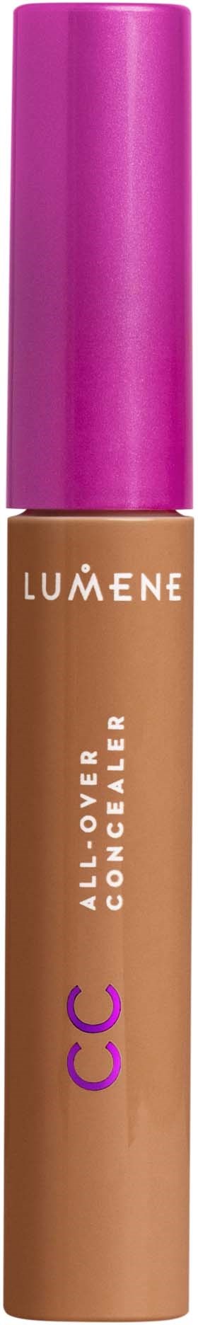 A concealer product with a pink cap, beige liquid, and white and purple text on the bottle.