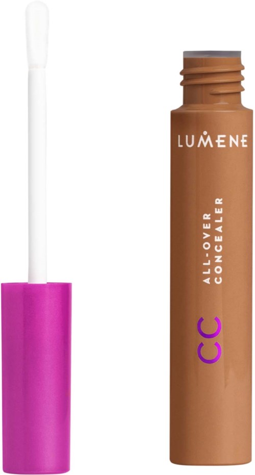 A brown tube with white text and purple letters, next to a pink and white lip gloss applicator.